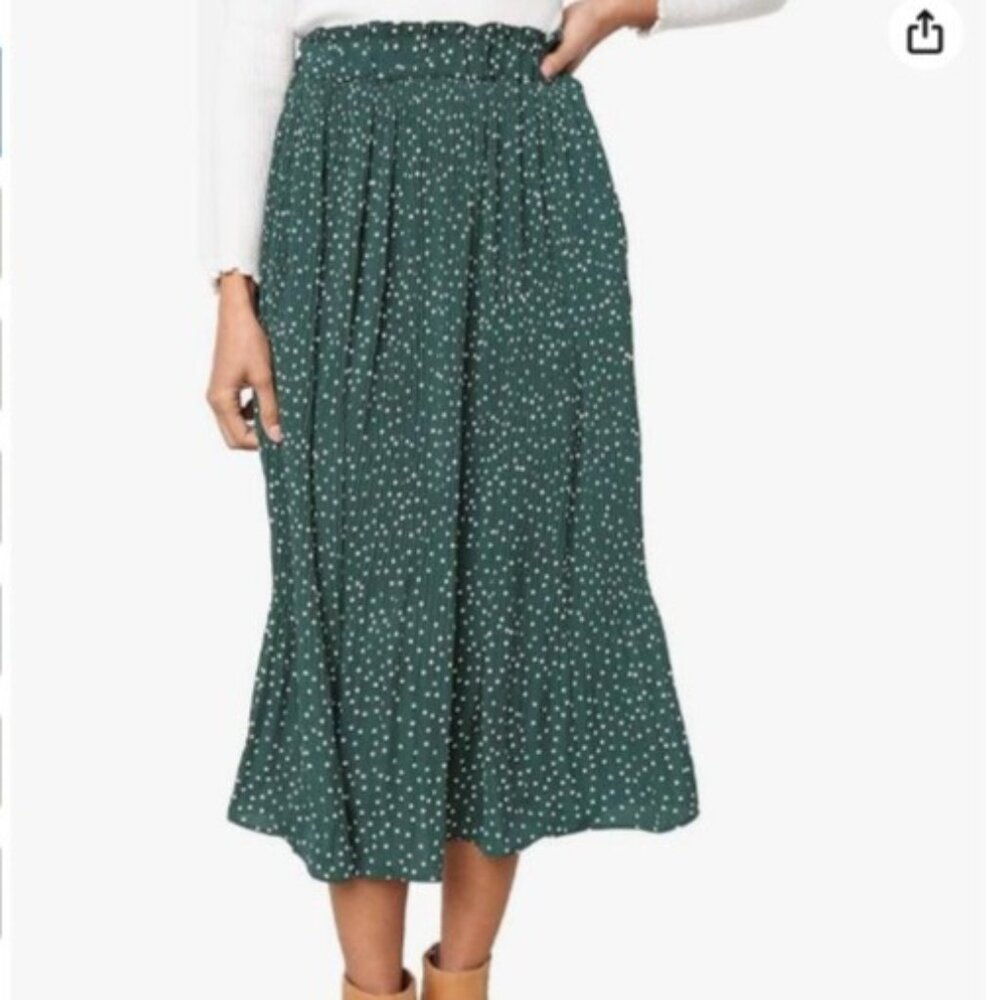 Amazon Exlura Women's Green High Waisted Polka Dot Pleated Maxi Skirt, Size L